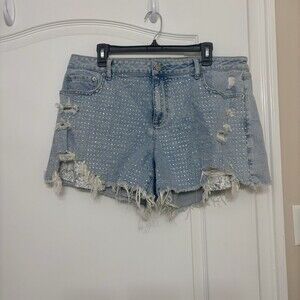 EST. 1946 Denim Rhinestone Distressed Cut Off Shorts Light Blue Plus Size 18W